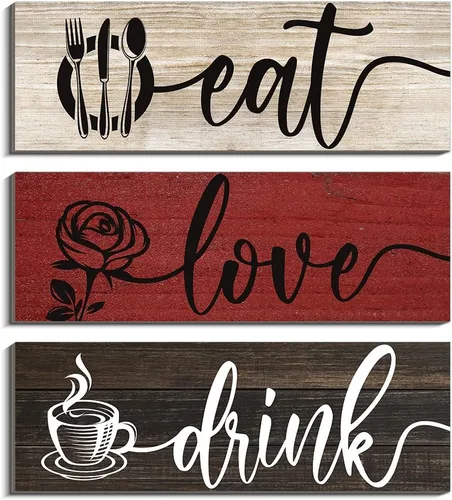 Vista 6 de Creoate Letreros de cocina para decoración de pared, 3 piezas de arte de pared de madera para comer beber y amar, decoración de pared de comedor