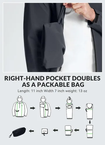 Vista 6 de baleaf Chaqueta impermeable para hombre, ligera, plegable, impermeable, transpirable, rompevientos, senderismo, golf, viajes, al aire libre Gris