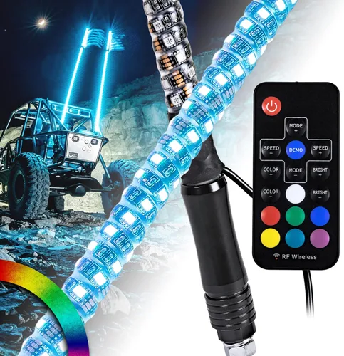 Vista 14 de True MODS - Luz de látigo LED RGB en espiral de 1 pie para UTV ATV [aplicación Bluetooth] Off Road impermeable LED iluminado látigo CB antena palo