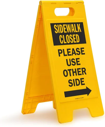 SmartSign 25 x 12 inch “Sidewalk Closed - Please Use Other Side with Right Arrow” Two-Sided Folding Floor Sign, Plastic, Black and Yellow