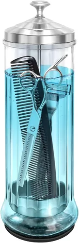 Tarro desinfectante de vidrio con almohadilla antideslizante de 53 onzas/50.7 fl oz, tarro desinfectante de peluquero con cesta extraíble, gran