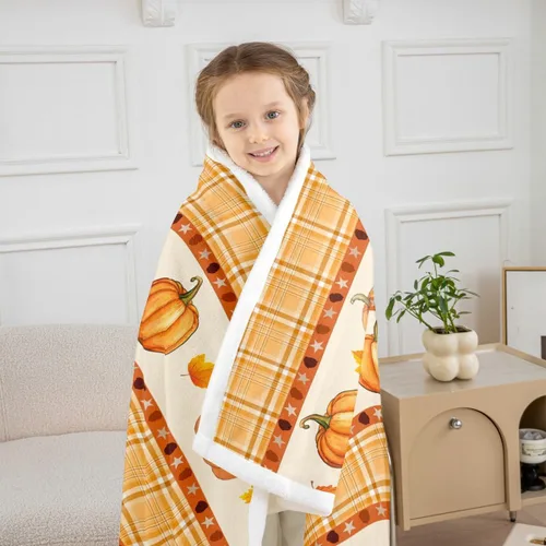 Vista 3 de Manfei Hello Fall Throw Blanket Pumpkin Maple Leaf Plaid Patchwork Fleece Blanket Autumn Theme Cozy Throws for Bed Couch Sofa,Kids Boys Girls Room