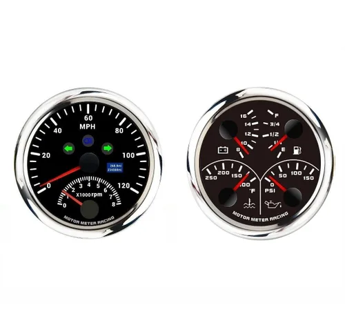 MOTOR METER RACING W Pro Series Juego de 2 medidores 85mm 3-3/8" 2 en 1 Velocímetro GPS y tacómetro, voltímetro multifunción, nivel de combustible,