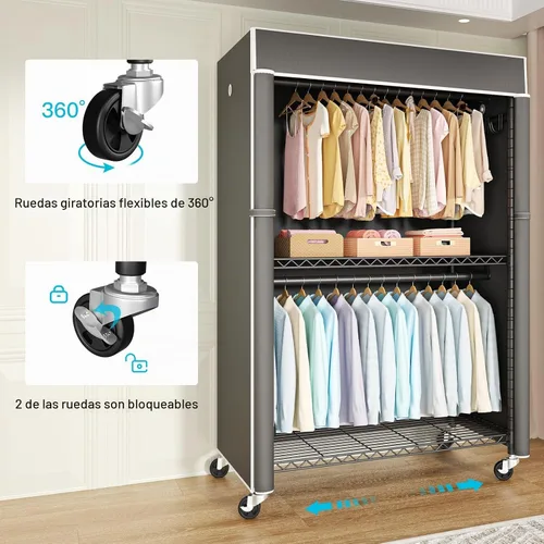 Vista 5 de FUTASSI Perchero negro con cubierta negra, armario con ruedas P1C Plus, perchero de metal para colgar ropa, armario de almacenamiento de ropa, 46