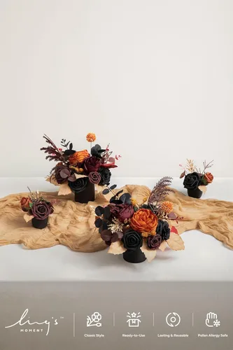 Vista 4 de Ling's moment Centro de mesa de boda flor con jarrón para ceremonia/recepción, mantel de mesa, arco, pasillo, juego de 4 negro y terracota