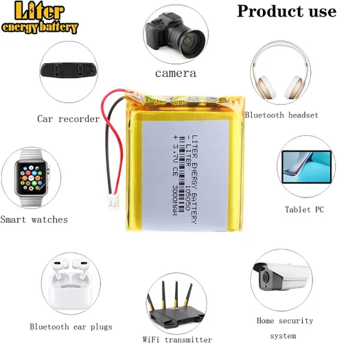 Vista 4 de Liter 3.7V 3000mAh 105050 Lipo Batería recargable Batería de iones de polímero de litio con conector JST 0.079 in