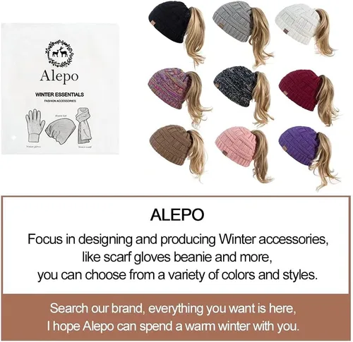 Vista 7 de Alepo Womens High Messy Bun Beanie Hat with Ponytail Hole, Winter Warm Trendy Knit Ski Skull Cap