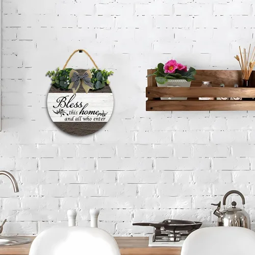 Vista 5 de Letrero con texto en inglés "Bless This Home and All Who Enter de 11 x 11", divertidas coronas colgantes de madera, decoración de cocina para pared