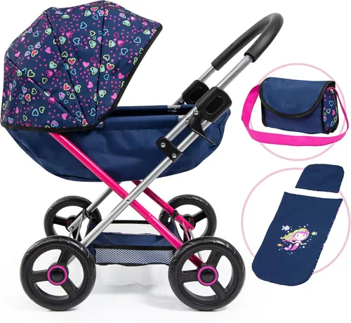Bayer Juego de cochecito y accesorios para cochecito de muñeca, muñeca de 18 pulgadas, azul, corazones rosados, incluye manta y bolsa de hombro,