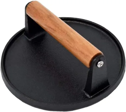 Vista 2 de Herramientas de cocina de hierro fundido resistente para hamburguesas, prensa redonda para carne y carne con mango de madera antiquemaduras