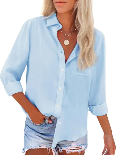 Vista 7 de Camisas de algodón con botones, para mujer, camisas de vestir Oxford, camisas de trabajo de manga larga, blusas con cuello y bolsillo