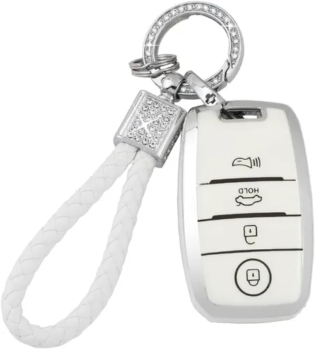 Vista 12 de PIFOOG Funda para Llavero de TPU con Cadena de Llaves Brillante, Llaveros de Entrada sin Llave, Botones de Protección, Blanco Plateado, Blanco