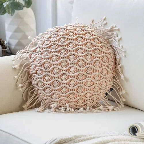 Vista 15 de Phantoscope Almohada Decorativa de Algodón Macramé Hecha a Mano Simétrica 3D Tejida a Crochet Estilo Boho Almohada de Granja con Relleno Incluido