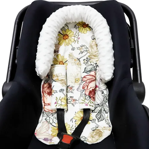Vista 6 de Soporte para cabeza de bebé 2 en 1 y funda de correa para asiento de automóvil, súper suave de visón, diseño floral, cojín para reposacabezas