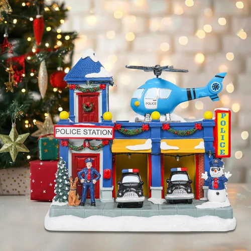 Vista 7 de WONDER GARDEN Casas de pueblo navideño, casas de Navidad, aldea - Estación de policía musical iluminada, edificios coleccionables con automóvil