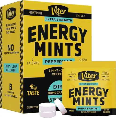 Viter Energy Mentas Cafeinadas 80mg de Fuerza Extra - 90 Piezas Cafeinadas con Vitaminas B. Menta Vegana Sin Azúcar. Potenciador de Enfoque