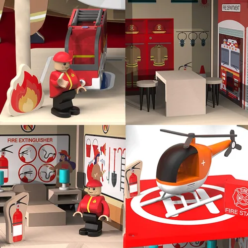 Vista 4 de Juego de estación de bomberos de madera, casa de muñecas multicolor de 3 niveles con figuras, camión, helicóptero y accesorios, juguetes educativos
