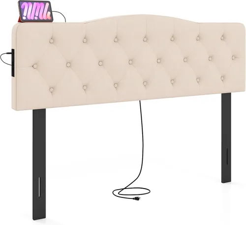 Vista 20 de Giantex Cabecero Tapizado de Lino, Cabecero con Botones Capitoné de Ancho Ajustable Solo con Patas de Madera Maciza, Se Fija al Marco, Cabeceros