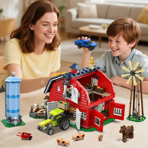 Vista 2 de INSOON Western Farm - Juego de construcción de casa de granero con luces, recientemente mejorado con estructura reforzada, 1419 piezas de juguete