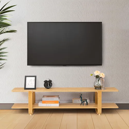Vista 7 de HollyHOME Soporte de TV de bambú con almacenamiento para televisores de hasta 65 pulgadas, moderno centro de entretenimiento con 2 estantes