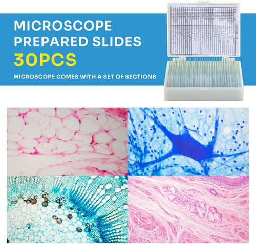 Vista 5 de Microscopios 40X-2000X para niños, estudiantes, adultos, con diapositivas preparadas para microscopios 30p, accesorios para microscopio, adaptador