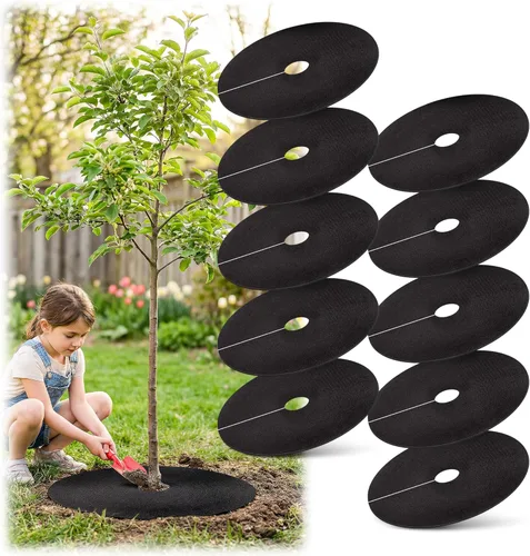 Vista 12 de Anillo de mantillo de árbol no tejido de 32.5 pulgadas, paquete de 2 alfombrillas de barrera de malezas, mantillo degradable de árboles utilizado