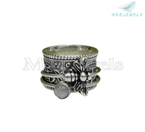 Vista 3 de Natural Moonstone Ring, Honey Bee, Spinner Ring, 925 Silver Ring, Handmade Ring, Meditation Ring, Fidget Ring, Women Ring, Boho Ring, Gift For Her