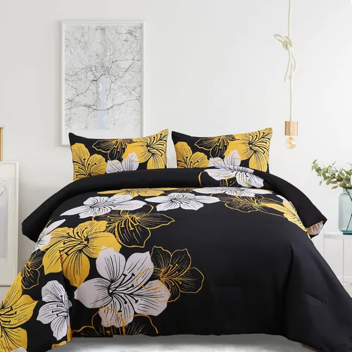 Menghomeus Juego Completo de Edredón Negro/Dorado Floral Juegos de Ropa de Cama Edredón - Juego de Edredón de Cama de Microfibra Suave para Todas