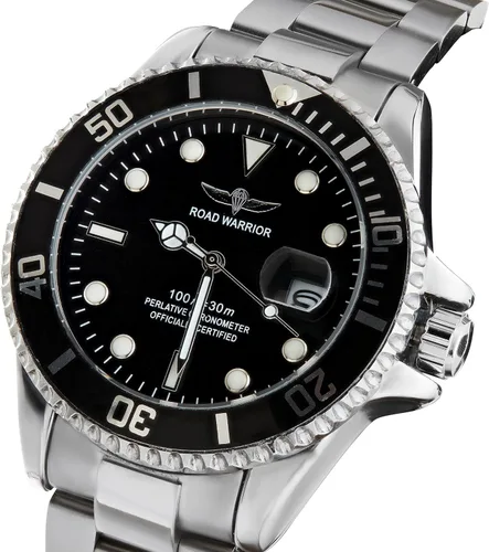 Vista 4 de ROAD WARRIOR Submariner Relojes de cuarzo para hombre Pro Diver Silver Dial Color - Negro, Reloj de acero inoxidable con caja luminosa, Negro