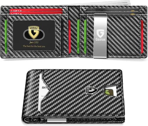 GSOIAX Mens Slim Wallet for Men Minimalist Genuine Leather Carbon Fiber Rfid Blocking Cowhide Bifold Credit Card Holder With Gift Box (Carbon-money