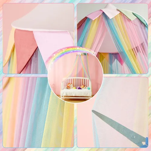 Vista 5 de Toldo de cama para niñas y niños, diseño de princesa con cúpula redonda de ensueño, toldo de red colgante de arco iris brillante para niñas