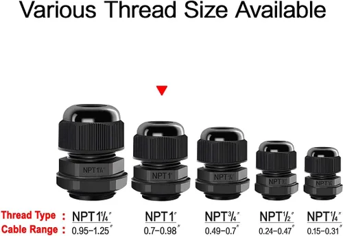 Vista 62 de LeMotech Paquete de 5 prensaestopas NPT de 1-1/4 pulgadas, impermeables, ajustables, conectores de cable de 0.945-1.260 in, juntas de nailon negro