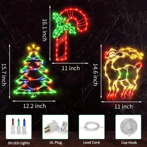 Vista 6 de Luces de silueta de ventana de Navidad de 16 pulgadas, paquete de 3 luces colgantes de ventana de Navidad para decoración de ventanas interiores
