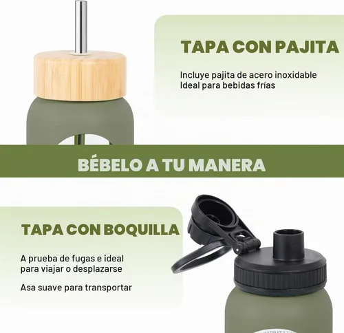 Vista 4 de Botella de agua de vidrio de 32 onzas con marcador de tiempo, tapa de boquilla con asa de 2 tapas y tapa de popote de bambú, botella de agua Negro