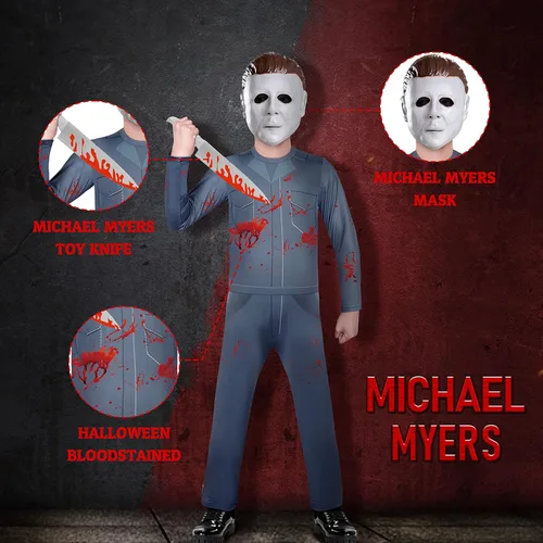 Vista 2 de Byriady Michael Costume for Kids Scary Killer Jumpsuit Cosplay with Zombie Mask Toy Knife 4-12 Years