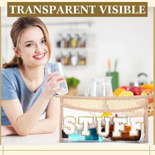 Vista 6 de Sanwuta Juego de 4 bolsas de maquillaje de parches de preparación – Diseño de letras de chenilla transparente – Nylon impermeable y TPU