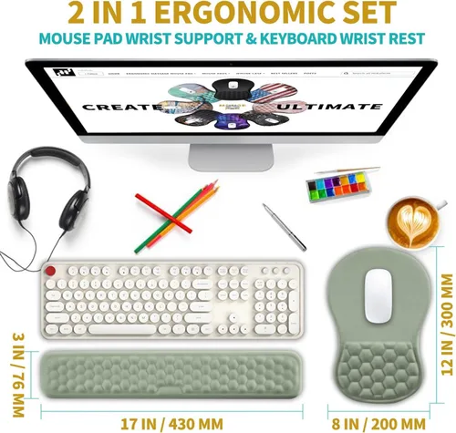 Vista 2 de Hokafenle Juego de alfombrilla de mouse ergonómica 2 en 1 con soporte para muñeca y reposamuñecas para teclado de computadora, con diseño de gel