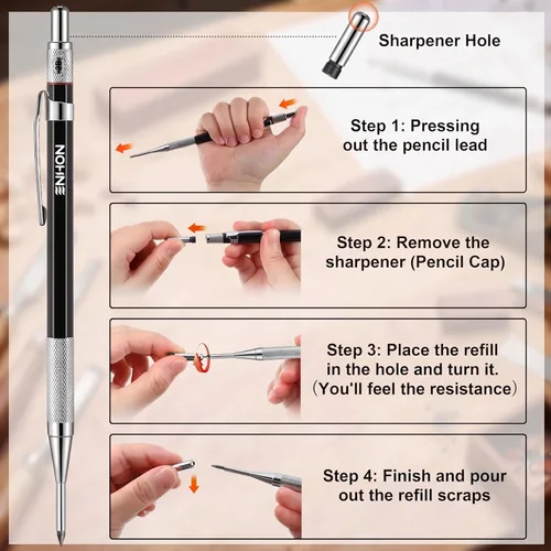 Vista 4 de Enhon Juego de lápices mecánicos de carpintero de 2mm con 12 recargas de marcador y sacapuntas, lápiz de construcción sólido de agujero profundo