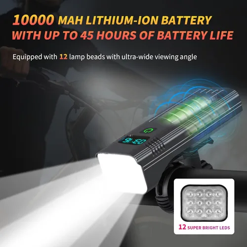 Vista 2 de Luces de bicicleta ultra brillantes de 12 LED para conducción nocturna, luces de bicicleta de 10000 mAh recargables, 5+5 modos de luz de bicicleta