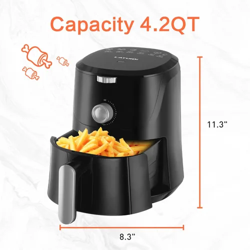 Vista 2 de Freidora de aire de 4.2 cuartos de galón con control de temperatura y tiempo para lavavajillas, cesta antiadherente, 6 preajustes de cocina, bandeja