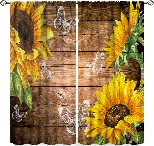 Vista 13 de Cortinas de cocina florales de acuarela, cortinas de flores coloridas, hojas rústicas, plantas, primavera, botánica, granja, madera, naturaleza
