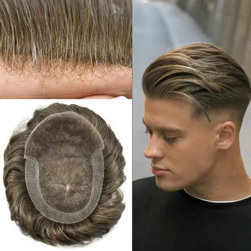 Vista 8 de Tupé de encaje suizo para hombre, pieza de cabello humano europeo, nudos blanqueados, línea capilar natural, encaje frontal, sistema de reemplazo