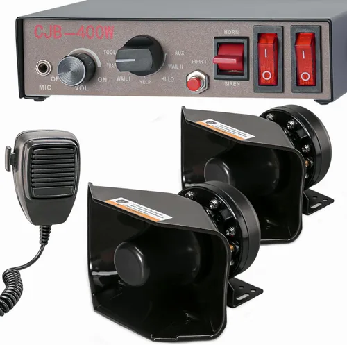 BooYu Sistema PA de sirena de emergencia de advertencia policial de 12 V, 400 W, 9 tonos, [altavoz de diseño de 180°] [125-135 dB] [micrófono de
