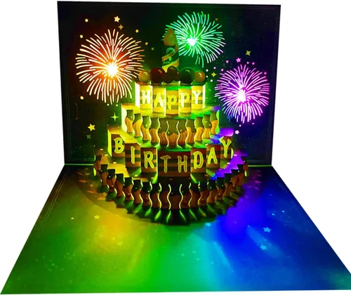Vista 16 de Tarjetas de cumpleaños 3D desplegables, reproducción automática 3D de colores cambiables, música ligera, tarjetas de pastel de cumpleaños emergentes