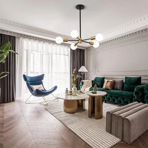 Vista 7 de KAISITE Lámpara de Araña Sputnik - Lámpara de Techo Sputnik Moderna de 5 Luces Altura Ajustable Oro y Negro Iluminación Colgante para Sala de Estar