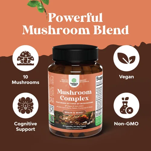 Vista 3 de Advanced Mushroom Complex Cápsulas – 10 cápsulas de suplemento de melena de león con Reishi, Chaga, Maitake y Shiitake para la salud cerebral apoyo