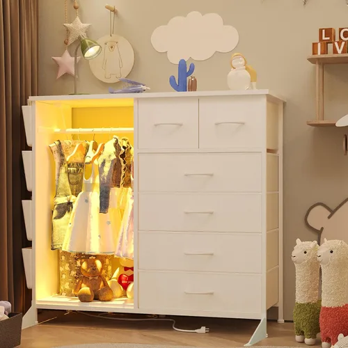 Vista 8 de Cómoda de 6 cajones para dormitorio con perchero para ropa, cómoda para ropa con bolsillos laterales y ganchos, estación de carga y luces LED, parte