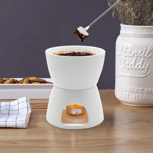 Vista 3 de ABHOME Little Fondue Set, olla de cerámica para fondue para derretir chocolates/quesos, color blanco