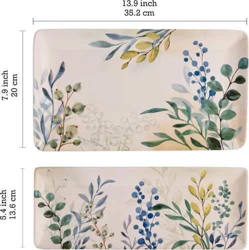 Vista 3 de Bico Botanical Valley - Juego de 2 platos rectangulares de cerámica de 14 pulgadas, para servir ensalada, pasta, queso, jamón, aperitivo, microondas