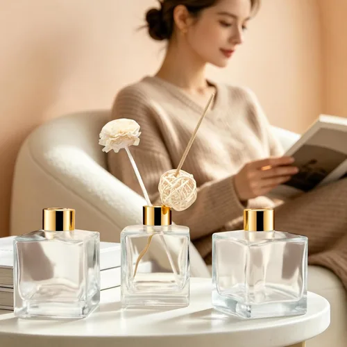 Vista 4 de Squre - Botellas difusoras de vidrio con tapas doradas, juego de 4 a 3.7 pulgadas de alto, 6.8 fl oz 6.7 fl oz. Accesorios de fragancia